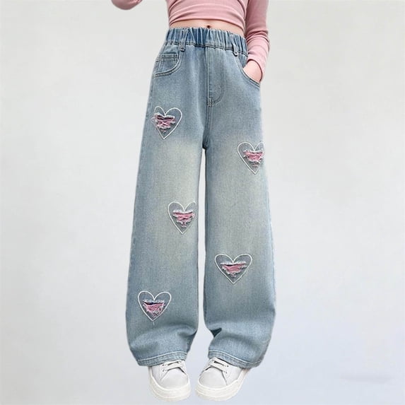 LJEFF Girls Denim Straight with Pockets, Wide Leg Baggy Elastic Waist Casual Summer Button Jeans for Kids Blue Size 6