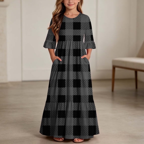 LJEFF Girls Dress with Pocket, 3/4 sleeves Plaid Crew Neck Flowy Tiered Skirt Casual Dresses for Kids Dark Gray Size 5 T