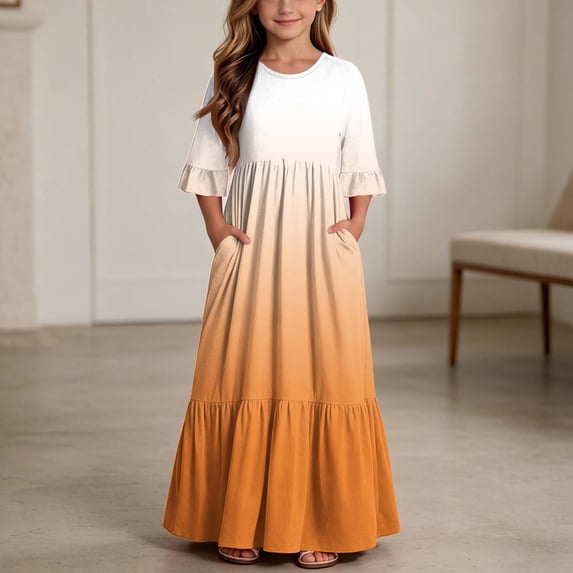 LJEFF Girls Dress with Pocket, Crew Neck Color Gradient 3/4 sleeves Flowy Tiered Skirt Casual Dresses for Kids Orange Size 4 T