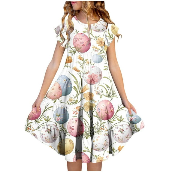 LJEFF Girls Dress with Pocket, Flowy Tiered Skirt Short Sleeves Crew Neck Easter Print Casual Dresses for Kids Multicolor Size 6-7 T