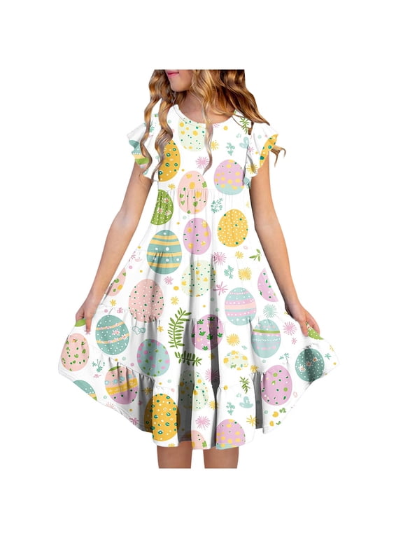 Girls Dress with Pocket, Short Sleeves Crew Neck Easter Print Flowy Tiered Skirt Casual Dresses for Kids Multicolor Size 4-5 T