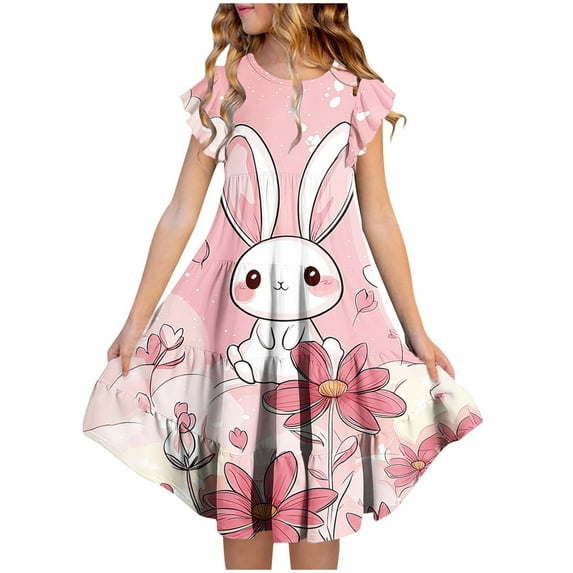 LJEFF Girls Dress with Pocket, Short Sleeves Easter Print Flowy Tiered Skirt Crew Neck Casual Dresses for Kids Multicolor Size 4-5T