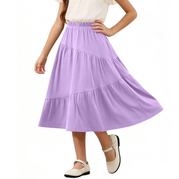 LJEFF Girls Elastic Waist Tiered Midi Skirt, Pleated Summer A-Line Breathable Flowy Maxi Skirts for Kids Purple Size 10