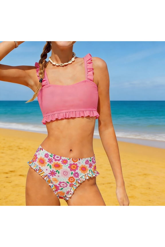 Girls Floral Bikini Swimsuits 2 Piece, Cute Ruffle Modest Straps Kids Bathing Suit Pink Size 6-14