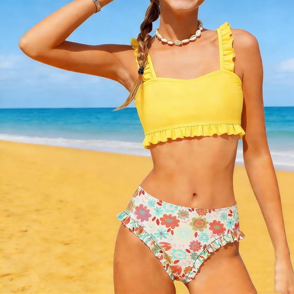 LJEFF Girls Floral Bikini Swimsuits 2 Piece, Modest Ruffle Cute Straps Kids Bathing Suit Yellow Size 8