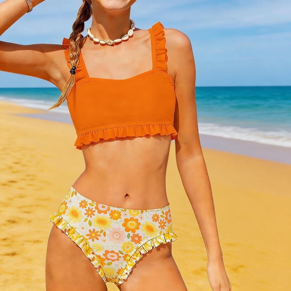 LJEFF Girls Floral Bikini Swimsuits 2 Piece, Ruffle Modest Straps Cute Kids Bathing Suit Orange Size 6