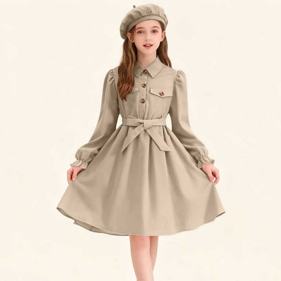 LJEFF Girls Long-Sleeve Dress, Puff Sleeves Pocket Tie Straps Solid Colors Casual Dresses for Kids Khaki Size 8-9 T