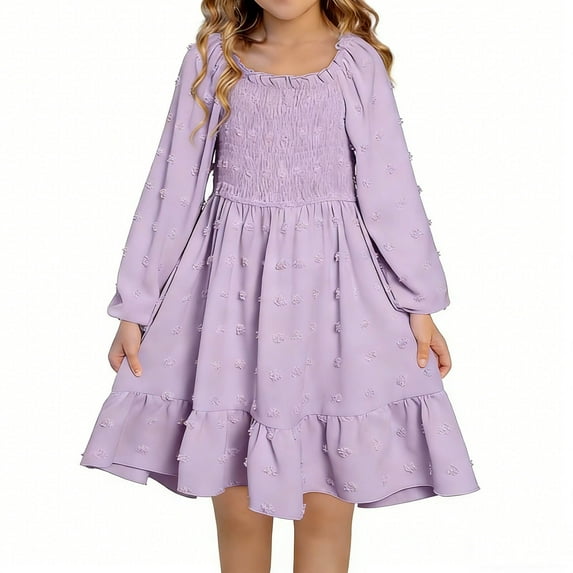 LJEFF Girls Long-Sleeve Dress, Square Neck Puff Sleeves Solid Colors Ruffled Casual Dresses for Kids Purple Size 4-5T