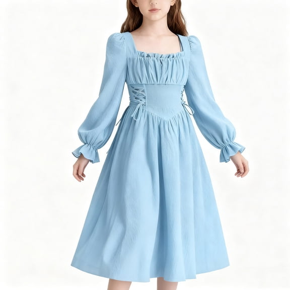 LJEFF Girls Long-Sleeve Dress, Tie Straps Puff Sleeves Solid Colors Ruffled Casual Dresses for Kids Blue Size 9-10T