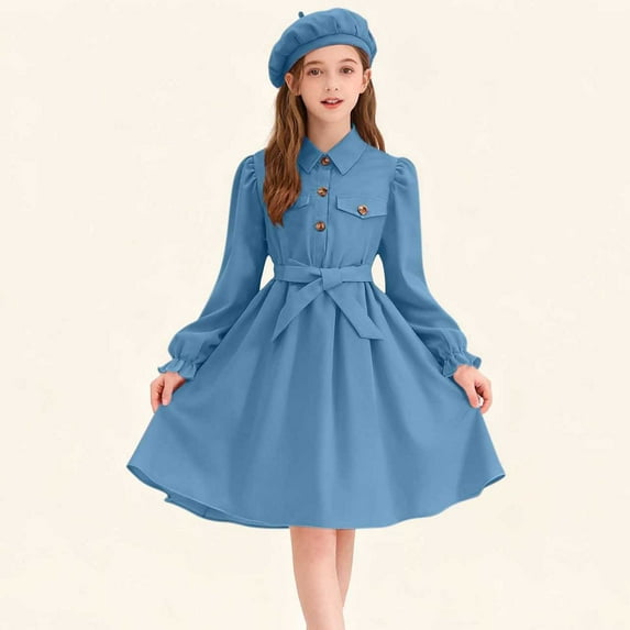 LJEFF Girls Long-Sleeve Dress, Tie Straps Solid Colors Puff Sleeves Pocket Casual Dresses for Kids Blue Size 10-11 T
