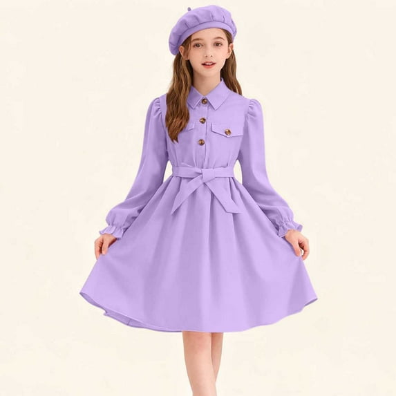 LJEFF Girls Long-Sleeve Dress, Tie Straps Solid Colors Puff Sleeves Pocket Casual Dresses for Kids Purple Size 12-13 T