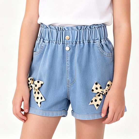 LJEFF Girls Paperbag Waist Denim Shorts, Buttons Pocket High Waist Cuffed Hem Shorts for Kids Blue Size 10 Yres