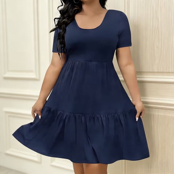 LJEFF Women Puff Sleeve Dress, A-Line Crew Neck Soft Casual Summer Plus-Size Dresses Navy