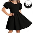 thumbnail image 1 of LJEFF Girls Puff Sleeve Dress, Flowy Soft Crew Neck Casual A-Line Crisscross Back Dresses for Kids Black Size 10, 1 of 9