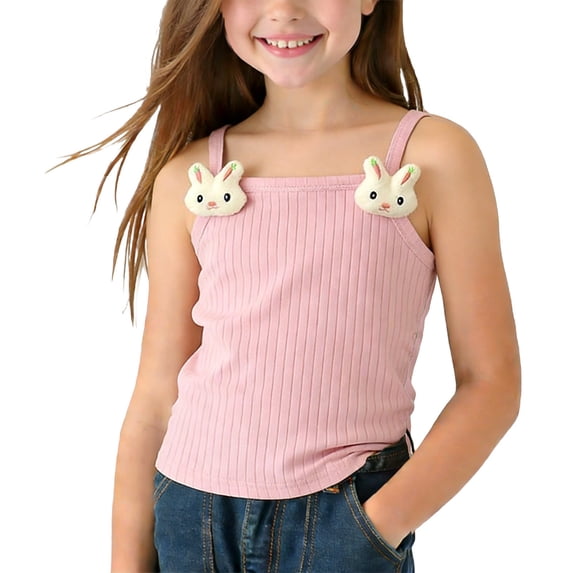 LJEFF Girls' Ribbed Cami Tank Top, Adorable Cute Motif Straps Breathable Kids Casual Summer Tops Pink Size 5T