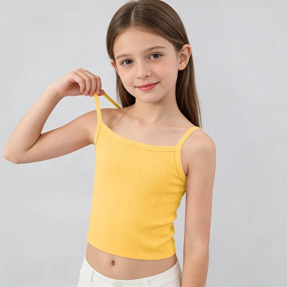 LJEFF Girls Ribbed Double Strap Camisole Tops, Sleeveless Stretchy Breathable Soft Tank Tops for Kids Toddler Summer Yellow Size 6 T