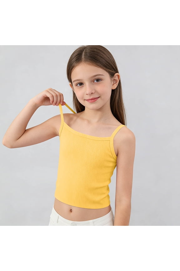 Girls Ribbed Double Strap Camisole Tops, Sleeveless Stretchy Breathable Soft Tank Tops for Kids Toddler Summer Yellow Size 6 T