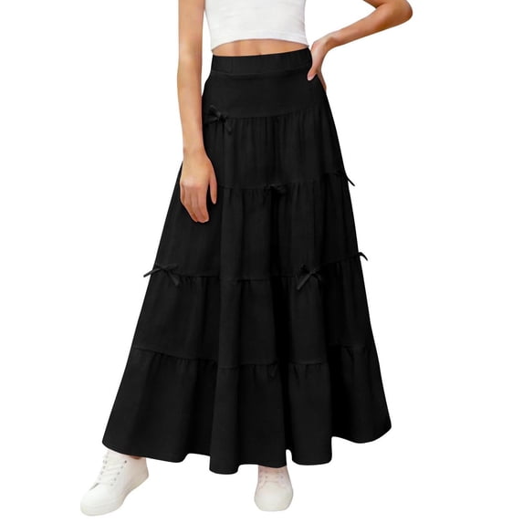 LJEFF Girls Ruffle Skirt, Elastic Waist Casual Pleated Summer High Rise Maxi Skirts Black Size 8
