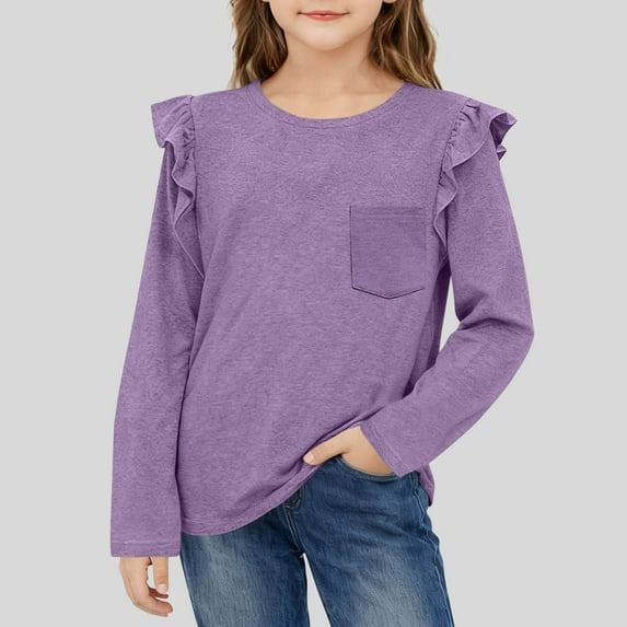 LJEFF Girls' Ruffled Top, Pockets Crew Neck Spring and Fall Solid Color Casual Shirt for Kids Purple Size 11-12 T