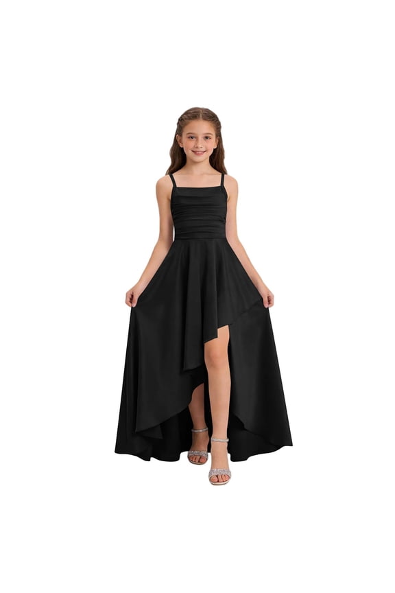 Girls Satin High-Low Prom Dress, Ruched Waist Elegant Solid Color Spaghetti Strap Formal Party Gown for Girls Black Size 10 Years
