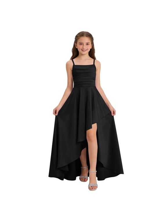 Girls Satin High-Low Prom Dress, Solid Color Spaghetti Strap Elegant Ruched Waist Formal Party Gown for Girls Black Size 12 Years