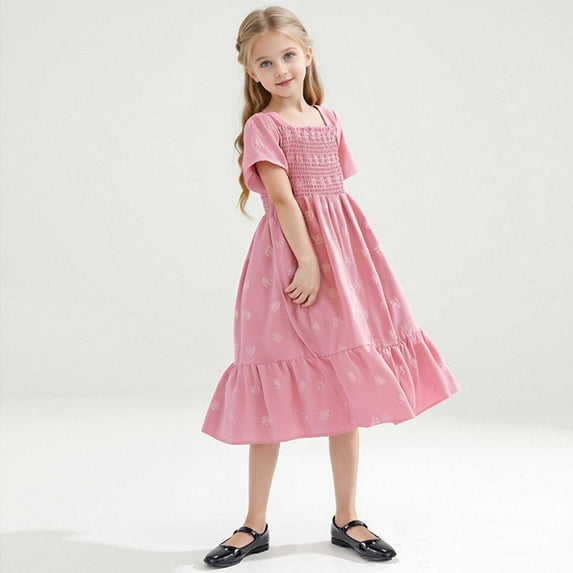 LJEFF Girls Short-Sleeve Dress, Solid Colors Party Square Neck Ruffled Casual Dresses for Kids Pink Size 4-5T