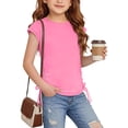 thumbnail image 1 of LJEFF Girls Short Sleeve Ruched T Shirts, Casual Soft Drawstring Crew Neck Summer Tops for Kids Pink Size 5 T, 1 of 9
