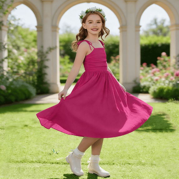 LJEFF Girls Spaghetti-Strap Dress, Casual A-Line Pleated Flowy Lightweight Vintage Party Midi Dress for Kids Hot Pink Size 14