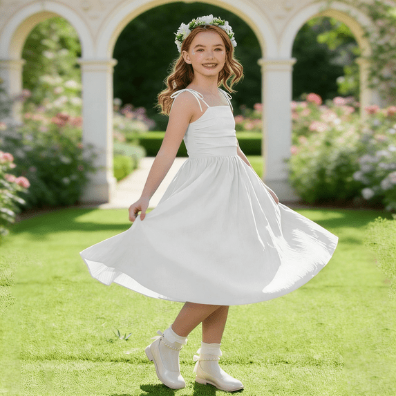 LJEFF Girls Spaghetti-Strap Dress, Pleated Lightweight Casual A-Line Flowy Vintage Party Midi Dress for Kids White Size 8