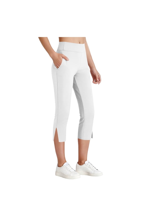 Girls Split Capri Leggings with Poket, Highly Elastic Soft Stretch Tummy Control Workout & Casual Pants for Womens White Size 11-12T