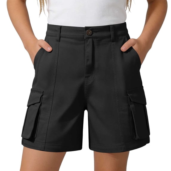 LJEFF Girls Summer Cargo Shorts, Elastic Waist Functional Pockets Stretch Drawstring Casual Shorts for Kids Black Size 10 Years