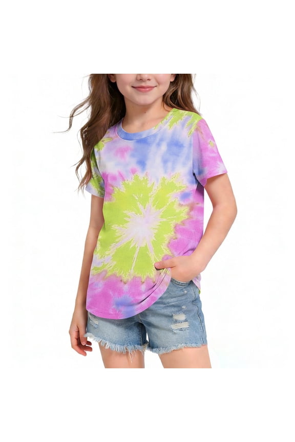 Girls Tie Dye Short Sleeve T-Shirt, Casual Gradient Print Soft Crew Neck Lightweight Kids Summer Tee Blue Size 12