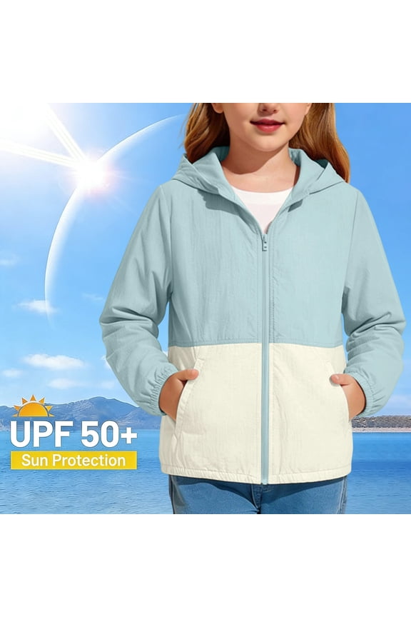 Girls UPF 50+ Sun Protection Jacket, Color Block Lightweight Hooded Zip Up Breathable Coat with Pockets Light Blue Size 6 Years
