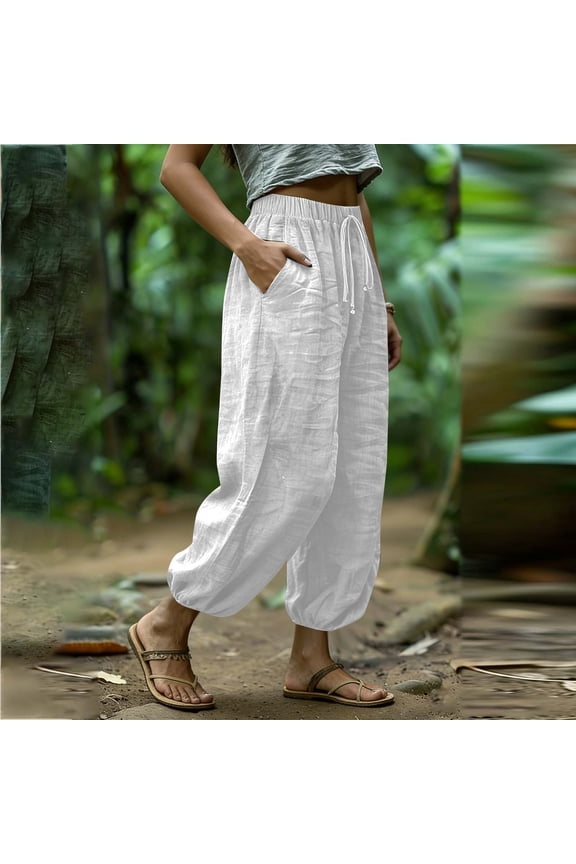 Harem Pants Women with Pockets, Elastic Waist Drawstring Baggy Lightweight Casual Summer Trousers White