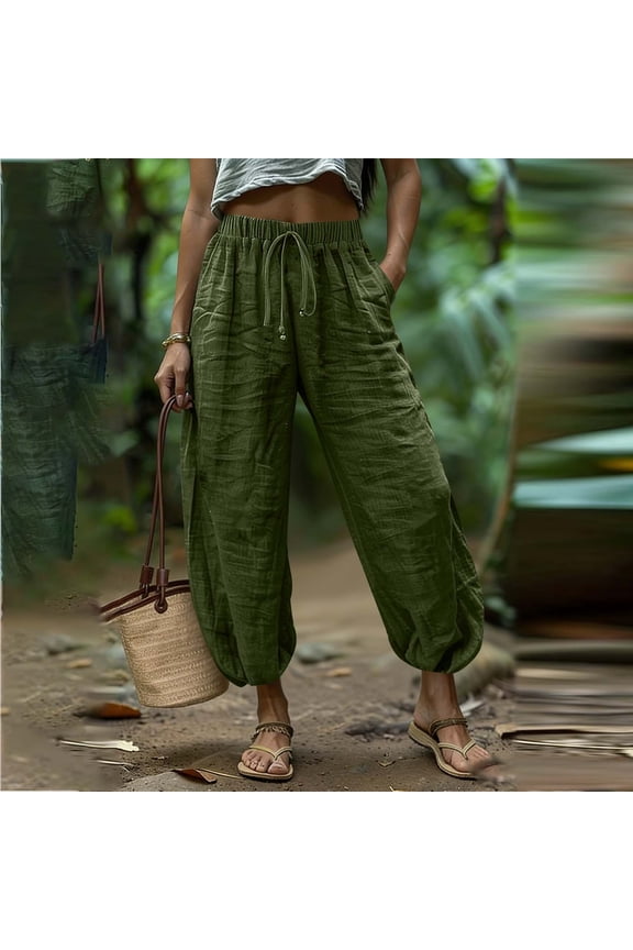 Harem Pants Women with Pockets, Lightweight Drawstring Elastic Waist Baggy Casual Summer Trousers Army Green