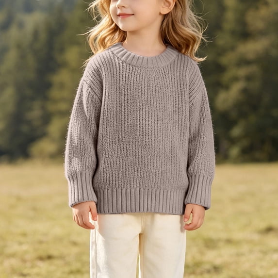 LJEFF Little Girls Chunky Knit Crewneck Sweater, Soft Ribbed Solid Color Loose Warm Gift Kids Pullover Top Khaki Size 6 Months
