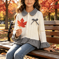 thumbnail image 1 of LJEFF Little Girls Gingham Patchwork Cardigan, Ruffle Button Bow Cable Knit Lapel Kids Sweater Beige Size 6-7, 1 of 9