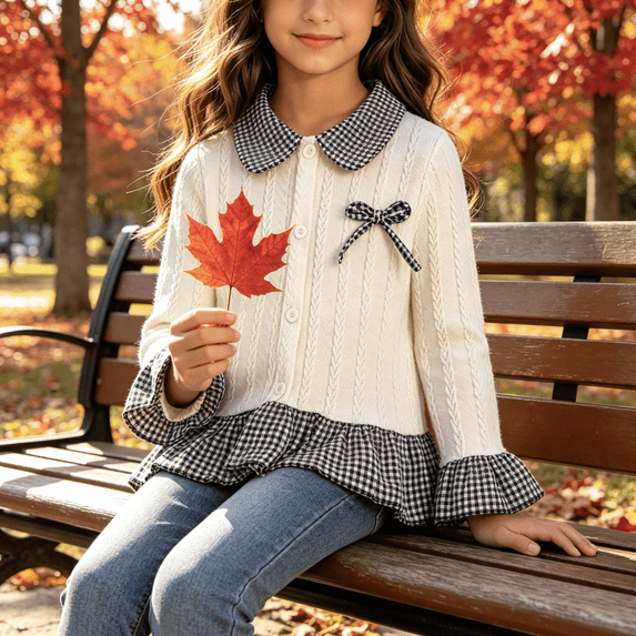 LJEFF Little Girls Gingham Patchwork Cardigan, Ruffle Button Bow Cable Knit Lapel Kids Sweater Beige Size 6-7