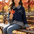thumbnail image 1 of LJEFF Little Girls Gingham Patchwork Cardigan, Ruffle Button Cable Knit Bow Lapel Kids Sweater Blue Size 2-3 T, 1 of 9