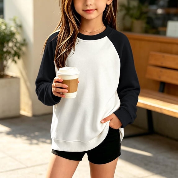 LJEFF Little Girls Raglan Long Sleeve Tee, Soft Block Color Curved Hem Casual Loose Kids T-Shirt White Size 6-7