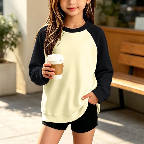 LJEFF Little Girls Raglan Long Sleeve Tee, Soft Block Curved Hem Color Casual Loose Kids T-Shirt Black Size 6-7