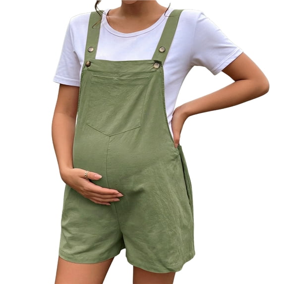 LJEFF Maternity Overalls Shorts, Cotton Front Pocket Adjustable Straps Casual Summer Jumpsuit Green