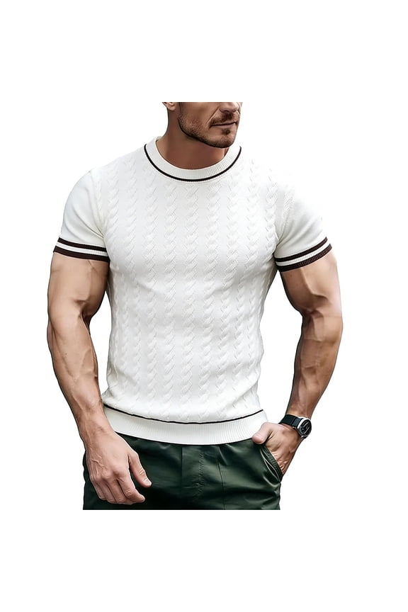 Men Fashion Casual Geometric Patterns Breathable Knit Short Sleeve Round Neck Shirts, White