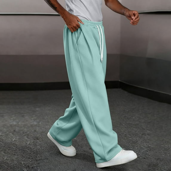 LJEFF Men Fashionable Sweatpants, Elastic Waist Retro Solid Color Drawstring Casual Pants for Men Light Blue