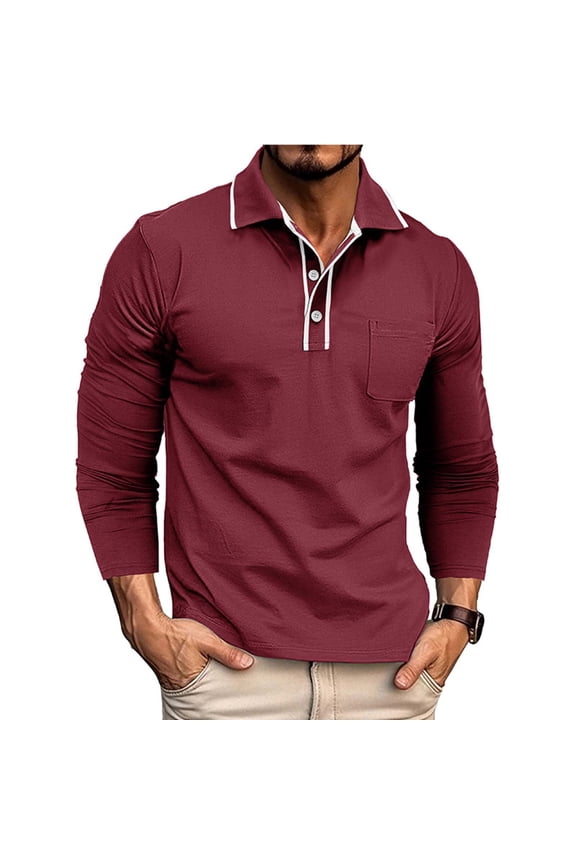 Mens Casual Polo Shirt, Business Pocket Collared Color-Blocked Shirts Long Sleeve for Men Wine