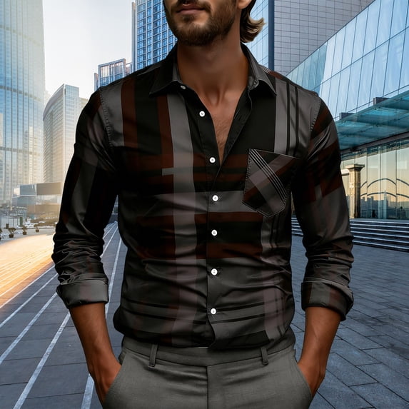 LJEFF Men Shirts Casual, Collared Spring and Fall Color-Blocked Pocket Shirts Long Sleeve for Men Black