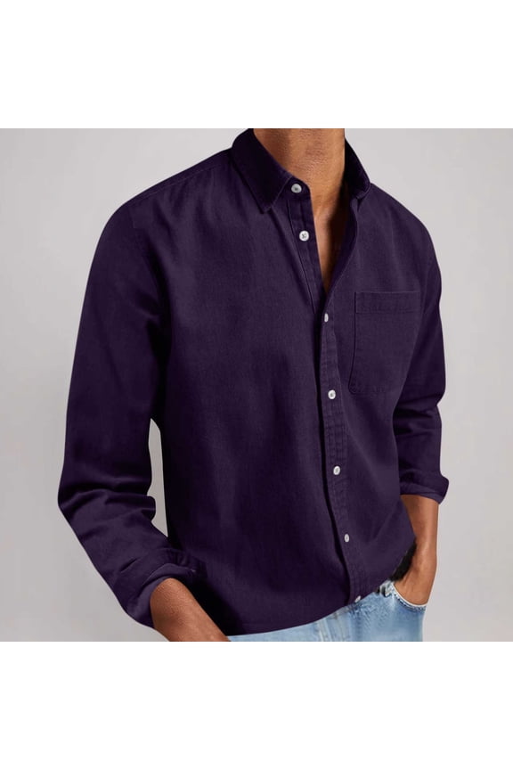 Men Shirts Casual, Business Pocket Solid Color Collared Shirts Long Sleeve for Men Purple