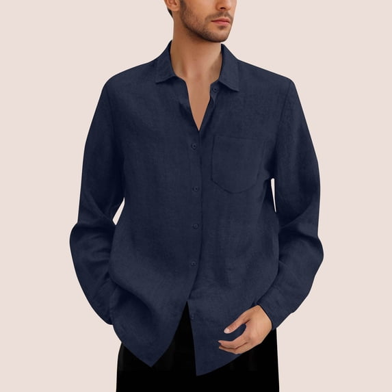 LJEFF Men Shirts Casual, Pocket Spring and Fall Solid Color Collared Shirts Long Sleeve for Men Navy