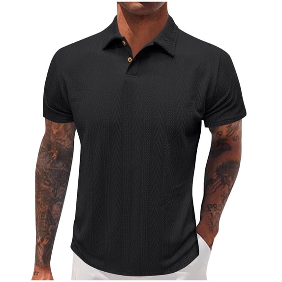 LJEFF Men Solid Color Short Sleeved Lapel Casual Fashion Top T-shirt, Black