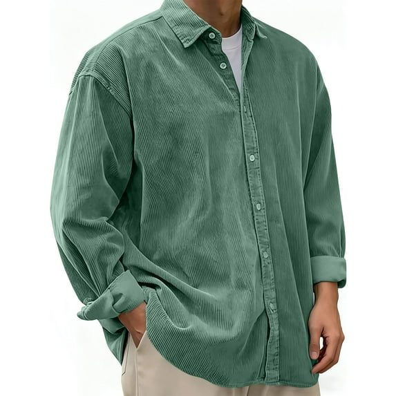 LJEFF Men's Corduroy Shirt, Long Sleeve Collar Spring/Fall Solid Color Button-down Jacket Green